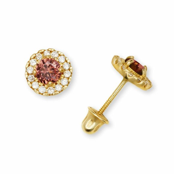 Solid 14K Yellow Gold Halo Birthstone Stud Screw Back Earrings w/ Sparkly Stones - Picture 6 of 12